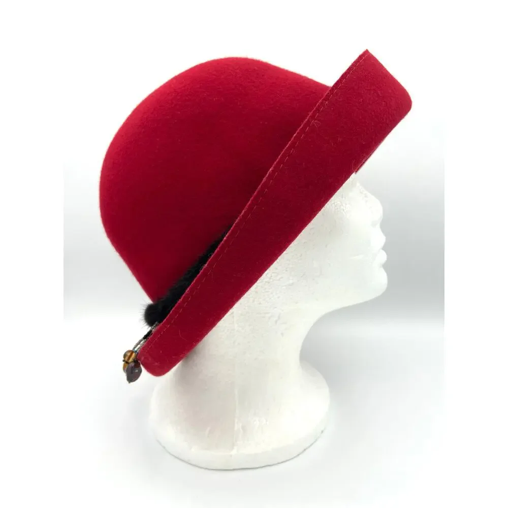 Vintage Liz Claiborne Red Wool Cloche Hat with Mink Fur Trim and Beaded Accent